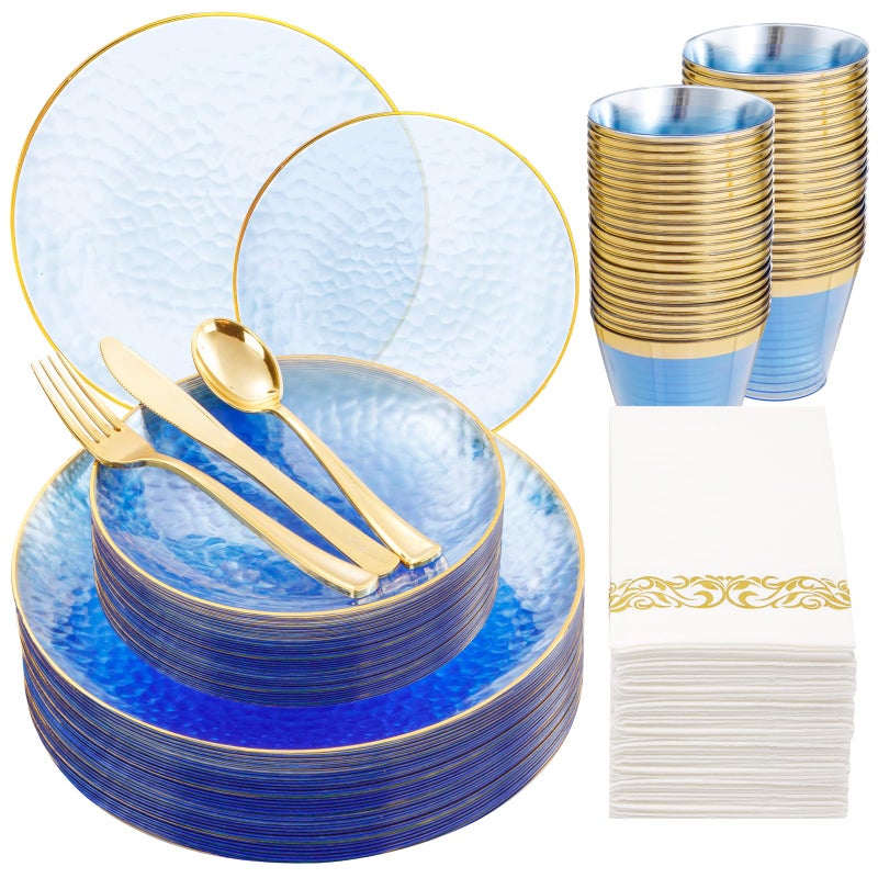 Rubtlamp 175 Pcs Plastic Dinnerware Set 25 Guests Blue Disposable Plates With Gold Rim Hammered Party Plates Set Include Dinner Platos Dessert Platos Cups Cutlery And Napkins for Party